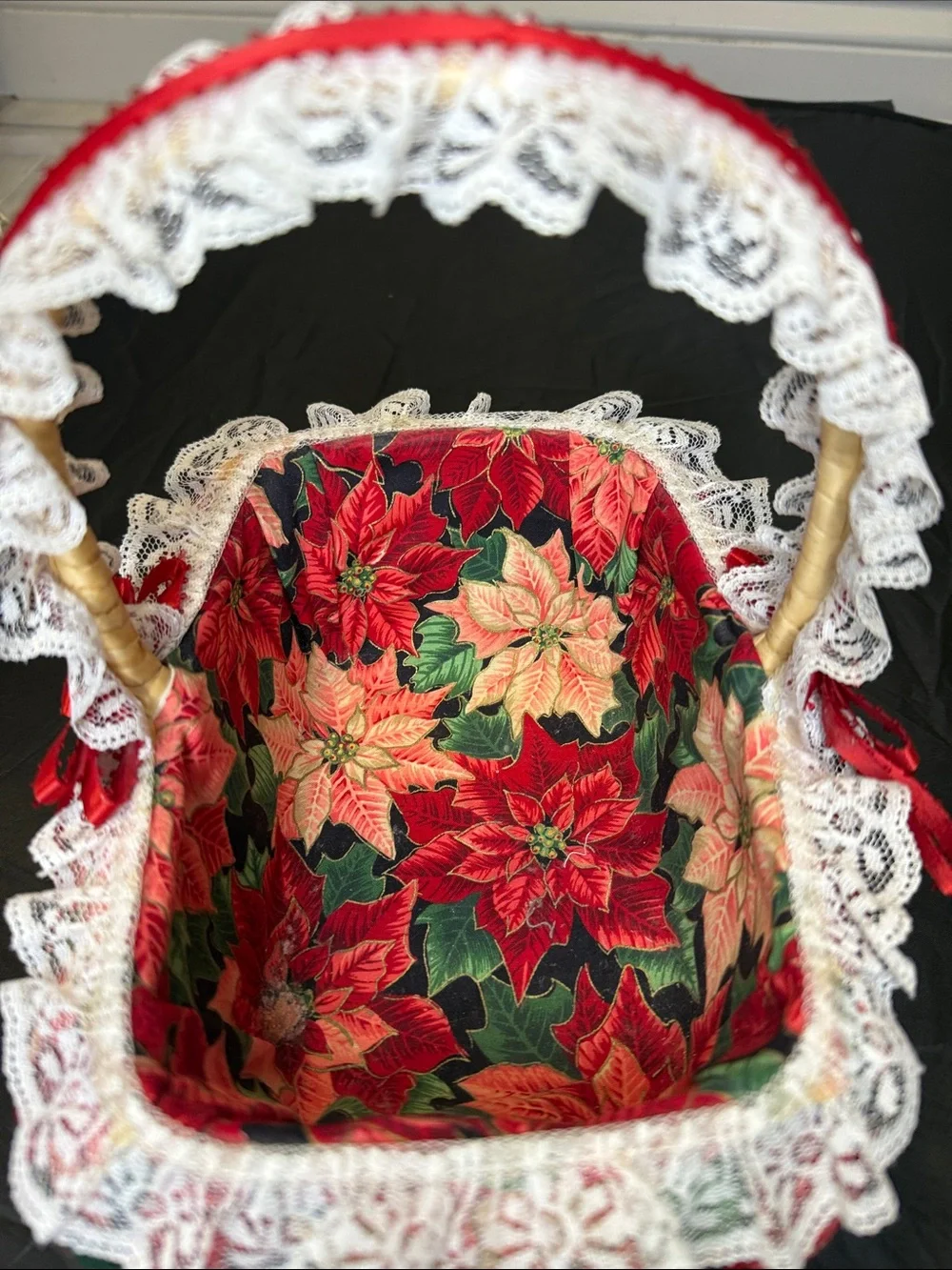 Handcrafted from my daughter Poinsettia Fabric Basket with Lace and Red Ribbon